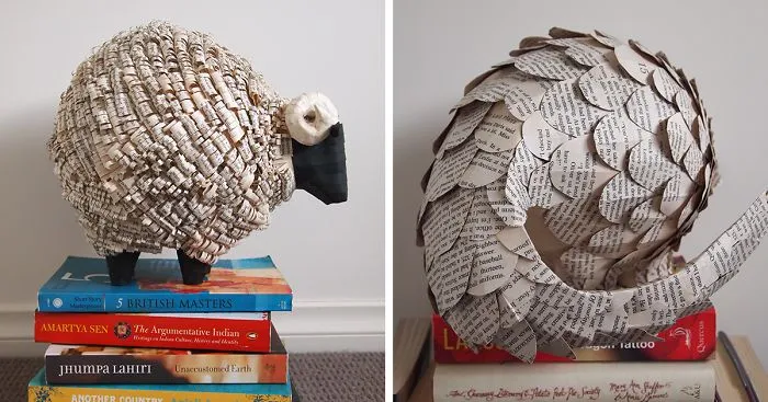 I Cut Old Books Into Hundreds Of Strips, Scales, And Curls, And Turn Them Into Animal Sculptures