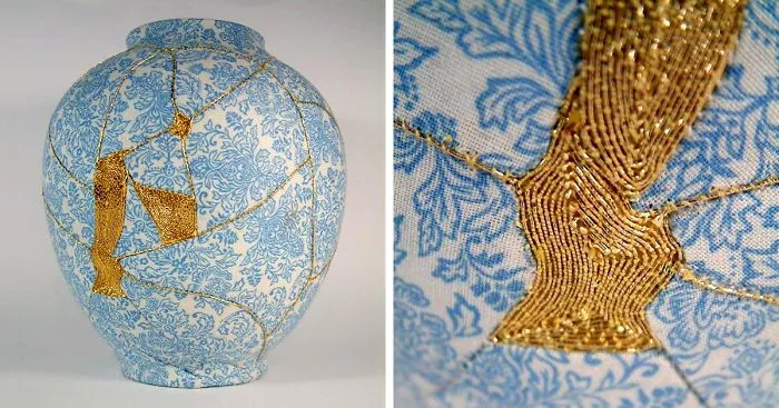 Broken Vases Repaired By Sewing Them With Gold Thread Using Ancient Japanese Technique