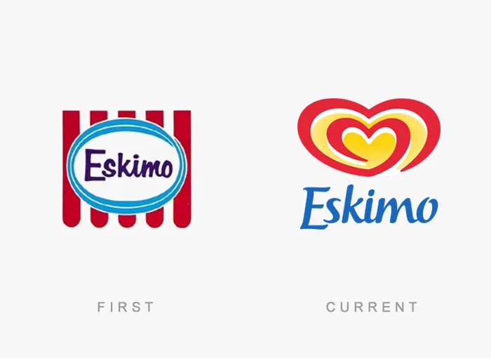 Eskimo logos evolution: original logo on the left, modernized logo with heart design on the right.