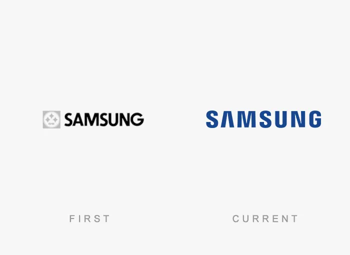 Famous logos: Samsung's first logo on the left, current logo on the right, showing brand evolution.