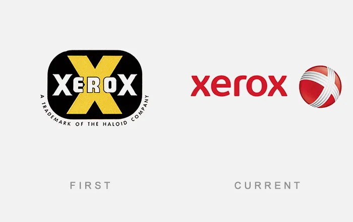 Historic Xerox logos showing transformation: the original bold 'X' design and the modern red text with globe graphic.