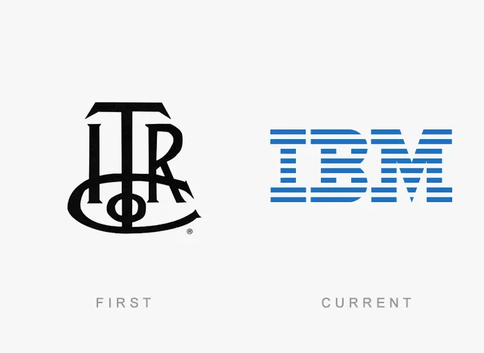 Famous logos evolution: IBM's original intricate logo compared to its modern, streamlined design.