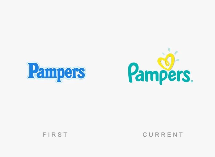 Pampers famous logos comparison: first in blue text, current with a heart icon in green text.