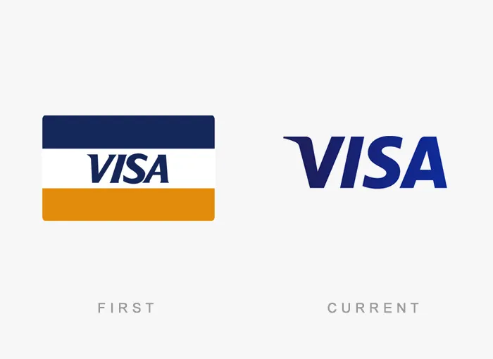 Comparison of famous Visa logos, showing the original design on the left and the current design on the right.