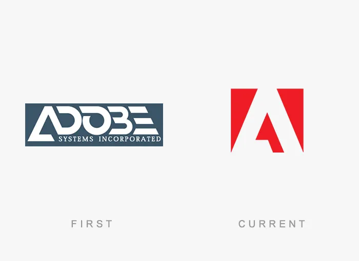 Famous Logos: Adobe's first logo in blue text compared to the current red and white design.