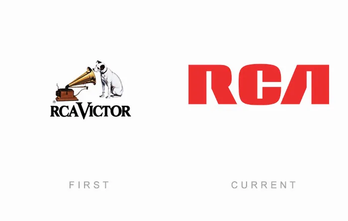 "Famous logos comparison: RCA Victor original logo with dog and phonograph vs. modern RCA design."