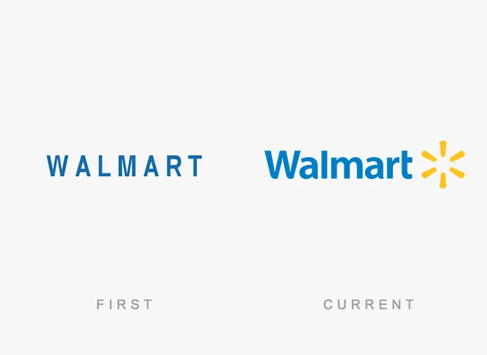 Then and now logos of Walmart, showcasing design evolution.