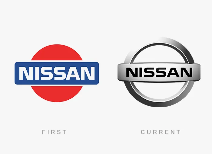 First and current Nissan logos showing brand evolution.