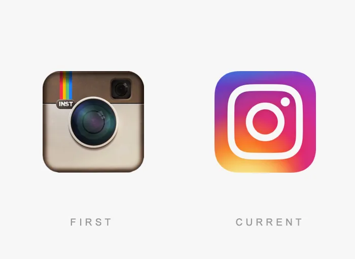 Comparison of famous logos: Instagram's first and current designs.