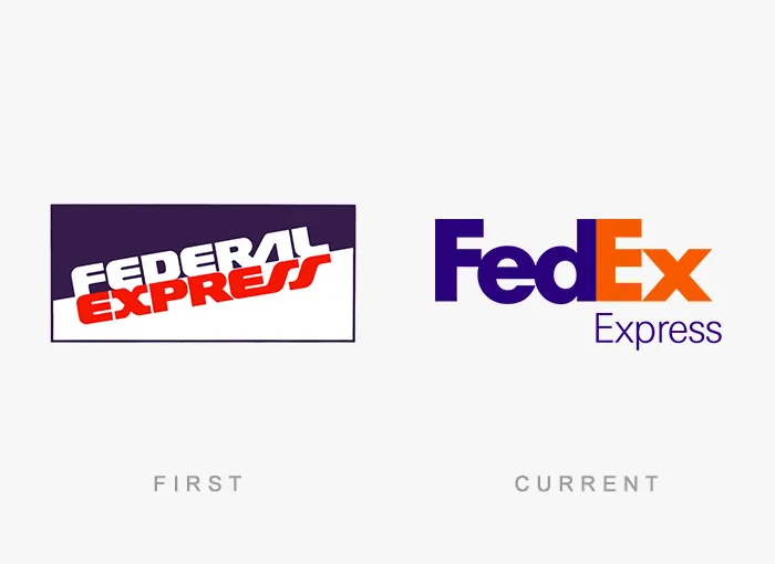 Famous logos evolution: Federal Express original logo vs. current FedEx design.