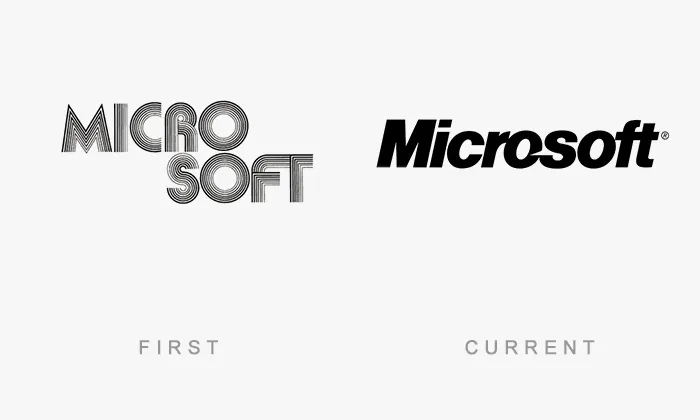 Then and now of the Microsoft logo, showing its evolution from the original to the current design.