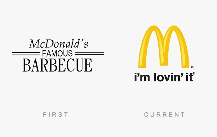 Famous logos evolution: McDonald's original barbecue logo and current golden arches design.