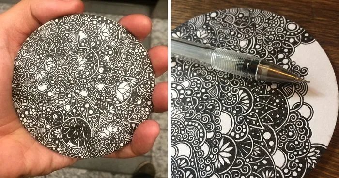 I Create Intricate Pen Drawings On Coasters With Floral Motives
