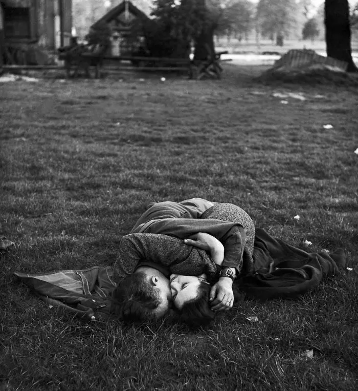 American Soldier Kissing His English Girlfriend On Lawn In Hyde Park, 1945