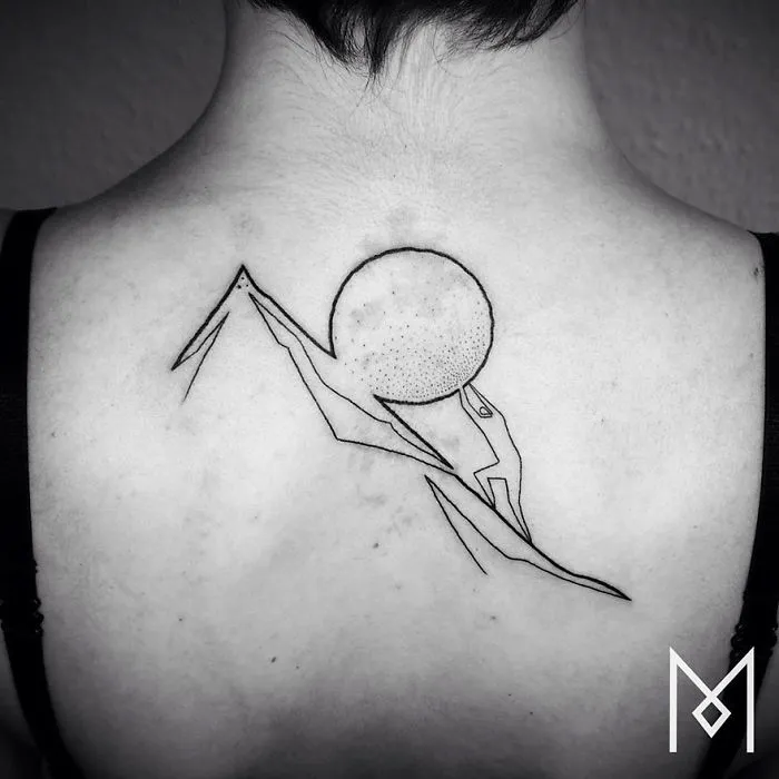 Minimalist single line tattoo depicting abstract mountain and sun on a person's back.