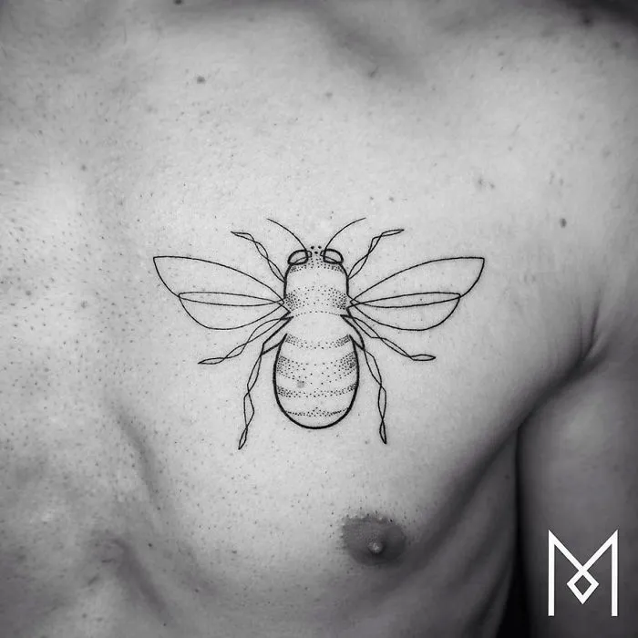 Minimalist single line tattoo of a bee on a person's chest by an Iranian-German artist.