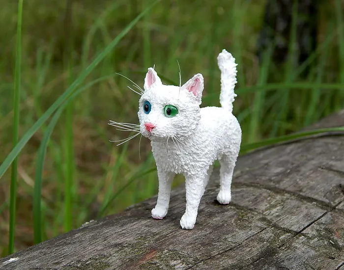I Made This White Little Kitten Figurine With 2 Different Colored Eyes Out Of Clay