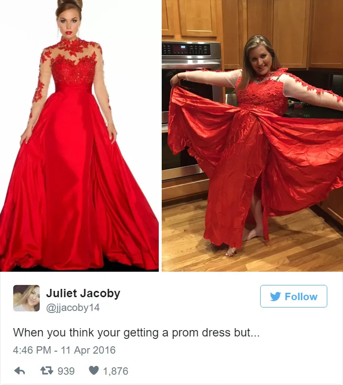 Online purchase regret: dress expectation vs. reality, featuring a red prom gown comparison.