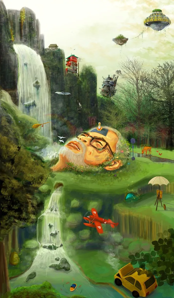 Illustrated Studio Ghibli landscape with waterfalls, floating islands, and whimsical elements.