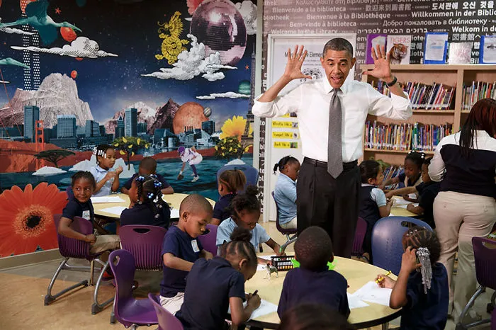 President Barack Obama Visits A Pre-Kindergarten Classroom At Moravia Elementary School In Baltimore