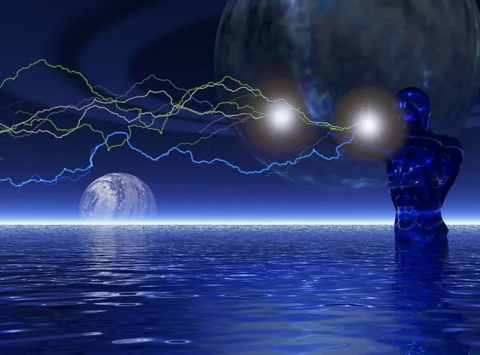 Fantasy digital art of a figure manipulating glowing energy above a reflective water surface under a moonlit sky.