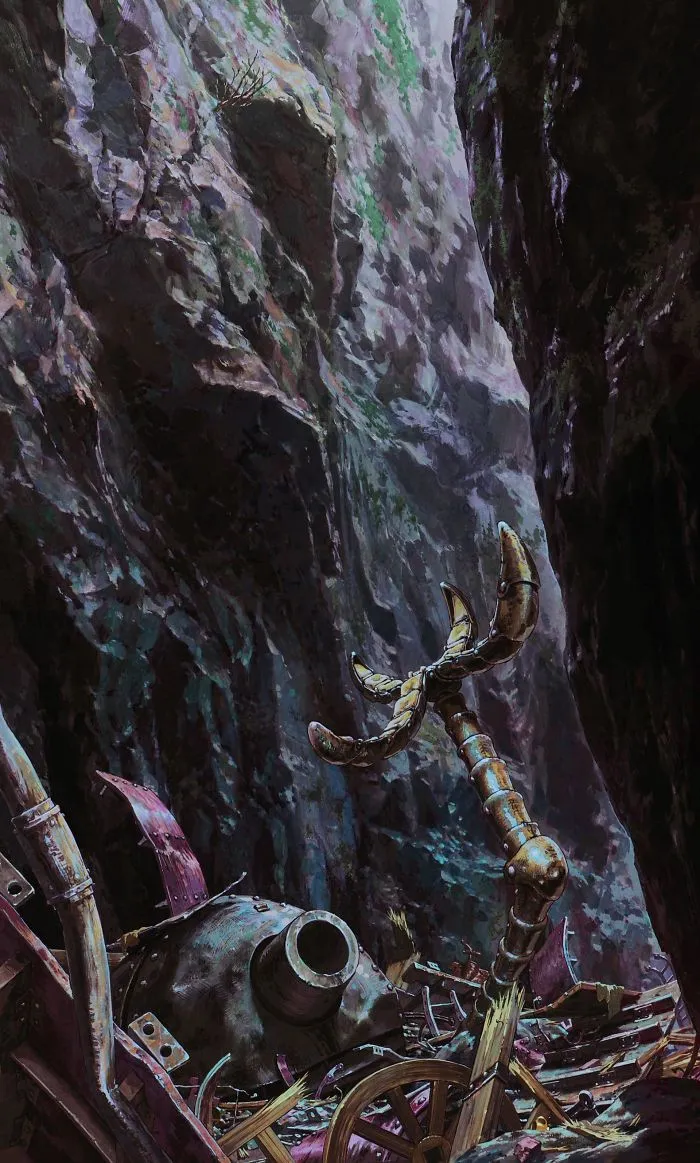 Studio Ghibli wallpaper featuring intricate canyon and robot parts in a mystical setting.