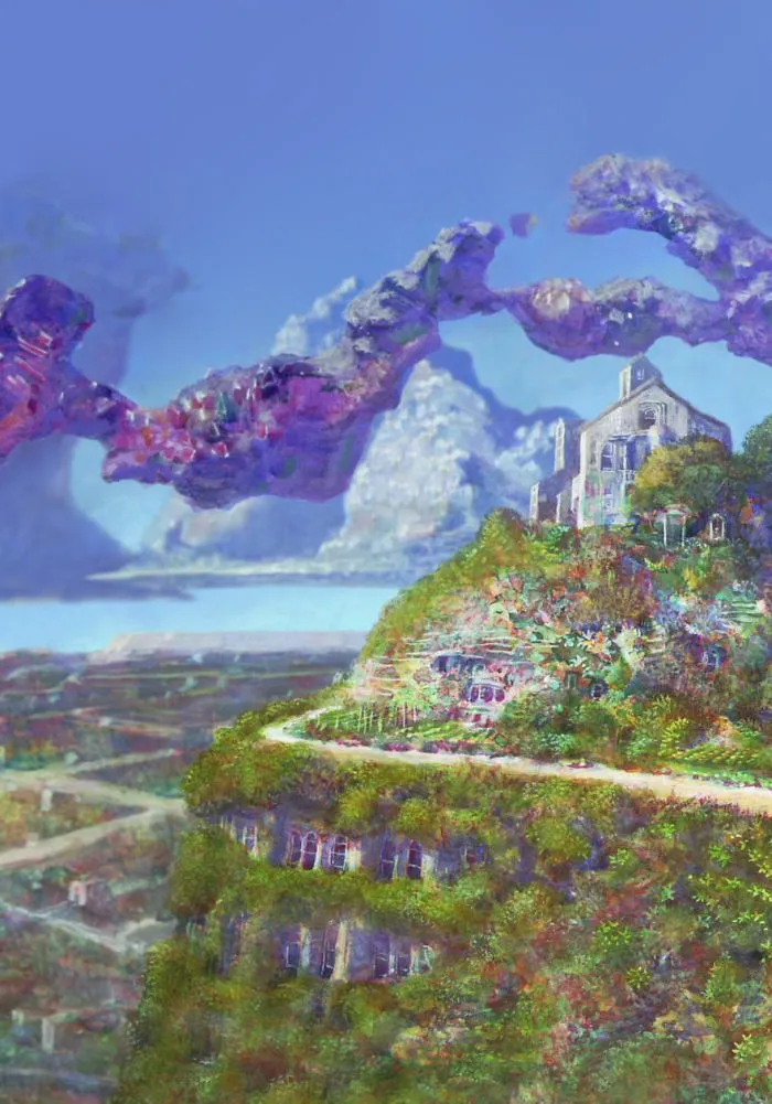 Scenic Studio Ghibli-inspired landscape with greenery-covered hill and distant mountains under a clear blue sky.