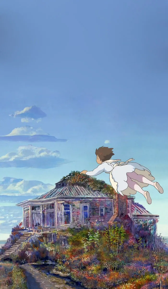 Studio Ghibli character flying over a colorful house with a blue sky backdrop.