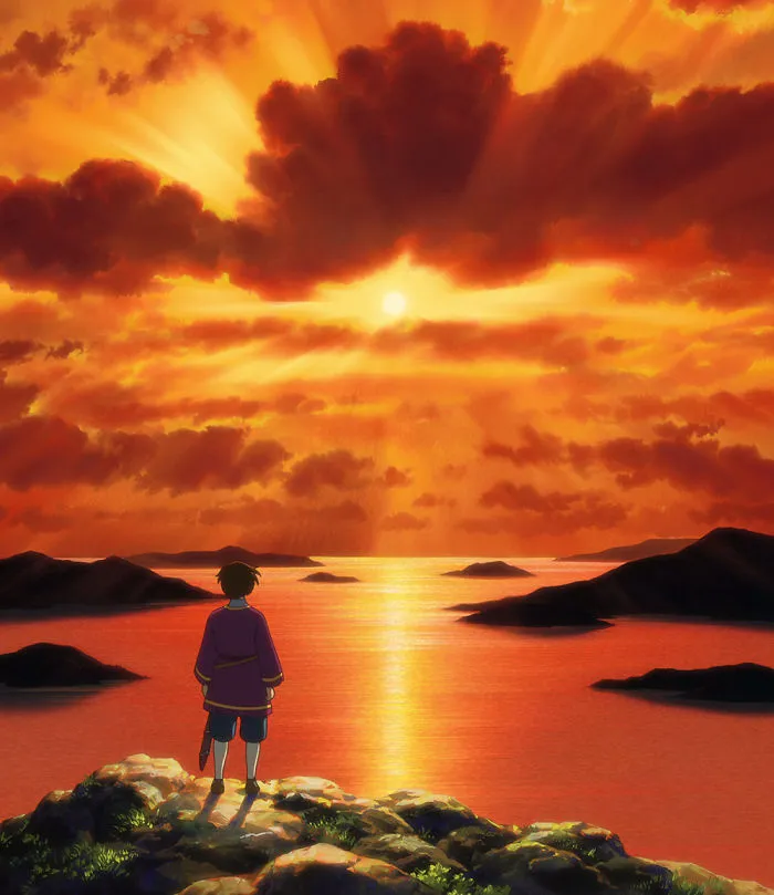 Studio Ghibli character watching a dramatic sunset over the ocean, capturing a serene and magical moment.