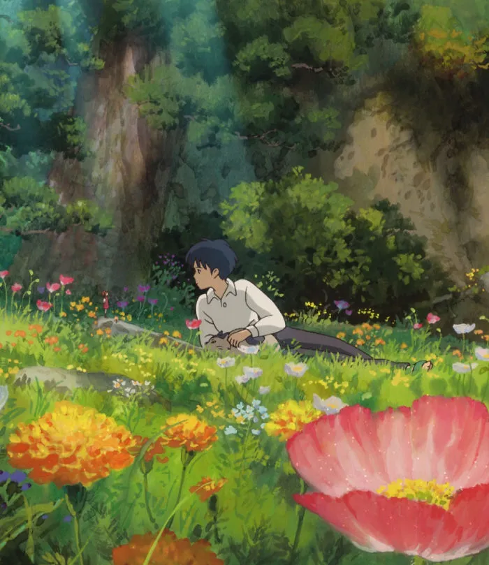 Anime character in a vibrant flower field, inspired by Studio Ghibli's enchanting landscapes.