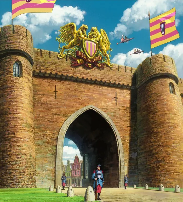 Castle gate scene from Studio Ghibli film with soldiers and colorful flags.