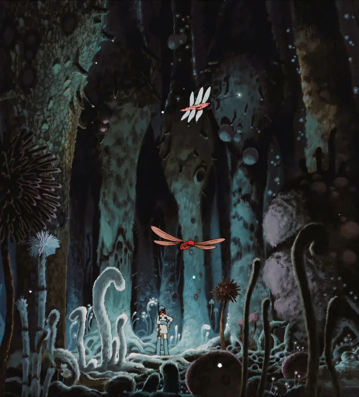 Studio Ghibli fantasy forest scene with dragonflies, capturing an enchanting atmosphere.