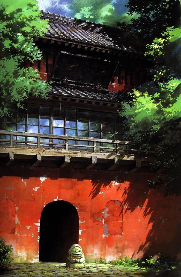 Studio Ghibli style, red building with arched door and greenery on a sunny day.