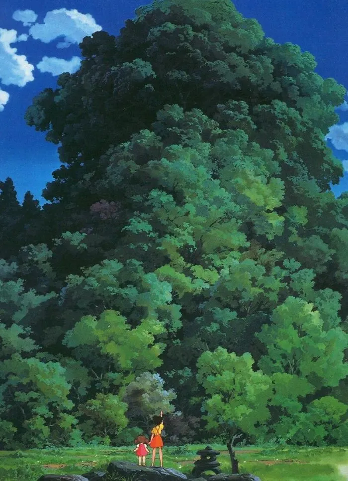 Studio Ghibli characters in a lush forest, capturing the whimsical and magical essence of the animation style.