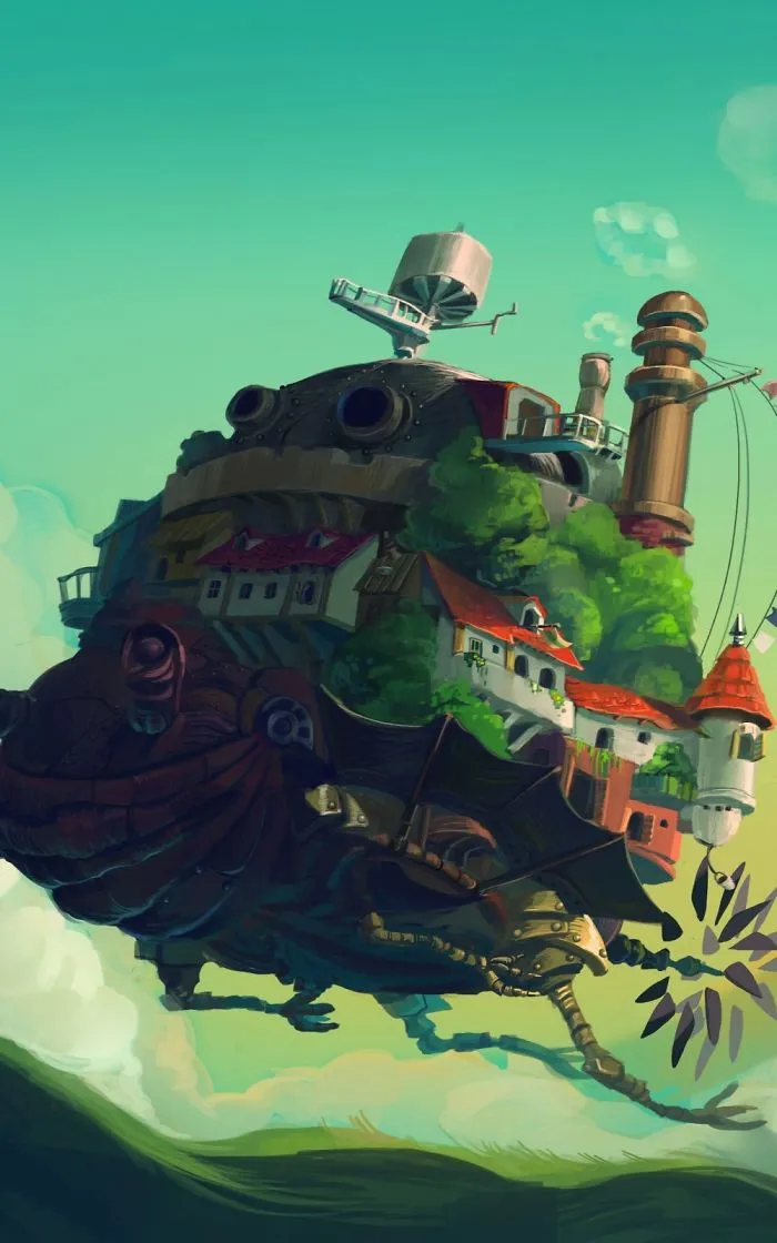 Studio Ghibli wallpaper featuring fantastical moving castle against a turquoise sky.