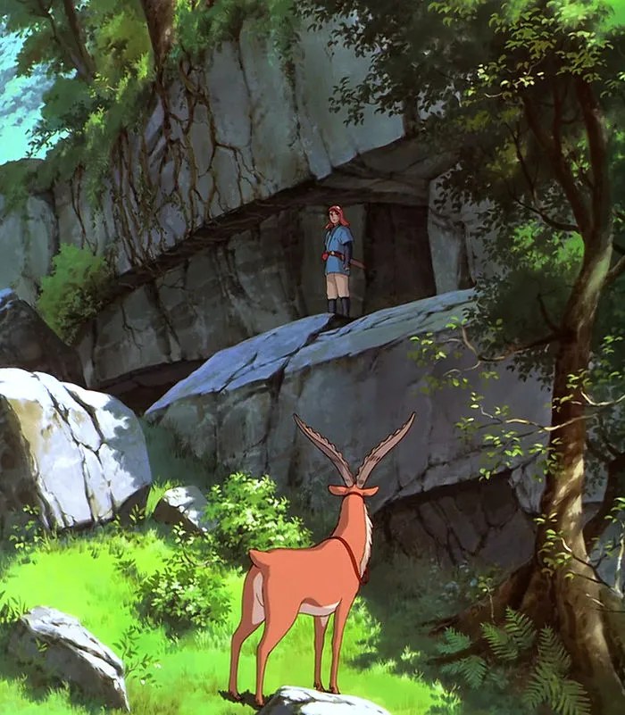 Studio Ghibli scene featuring a figure on a cliff and a deer in a lush forest setting.