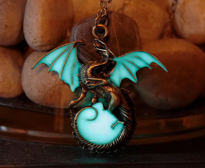 Glow In The Dark Dragon Surrounding The Moon Necklace