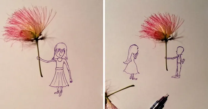 I Draw Stories Of Tiny People Using Real Flowers