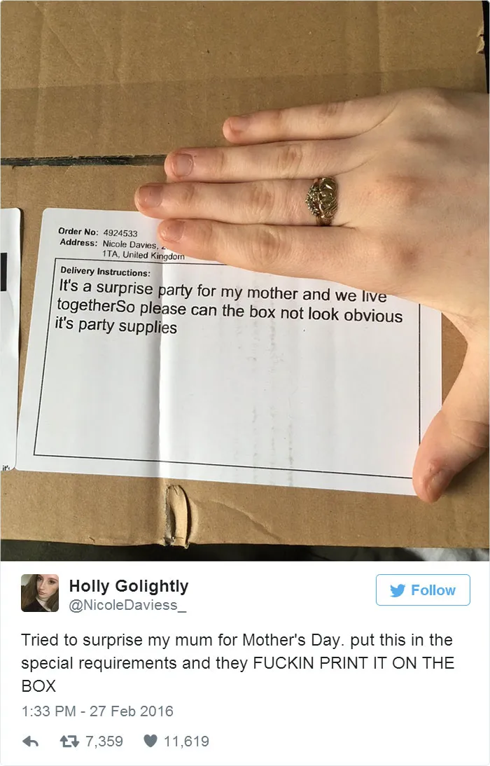 Tried To Surprised My Mum For Mother's Day. Put This In The Special Requirements And They F***in Print It On The Box