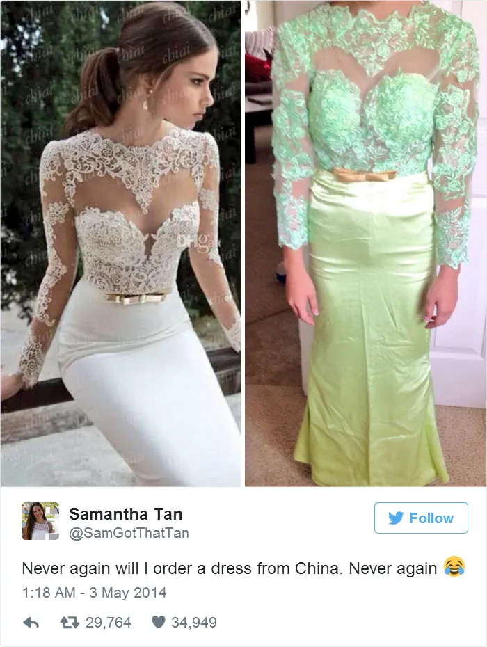 Online purchase regret: expectation vs reality of a lace dress order, highlighting a common shopping disappointment.