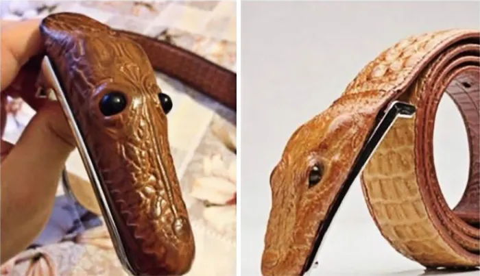 Regretful online purchase of a belt shaped like a crocodile's head.