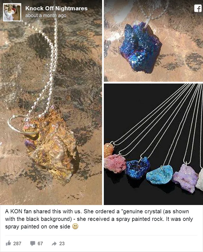 Spray painted rocks masquerading as crystals on necklaces; highlights online purchase regrets.