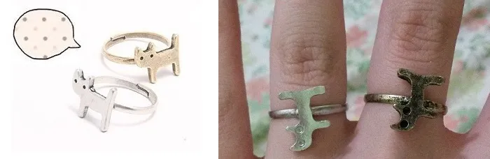 Disappointing online purchase of cat-shaped rings shown in contrasting expectations vs. reality.