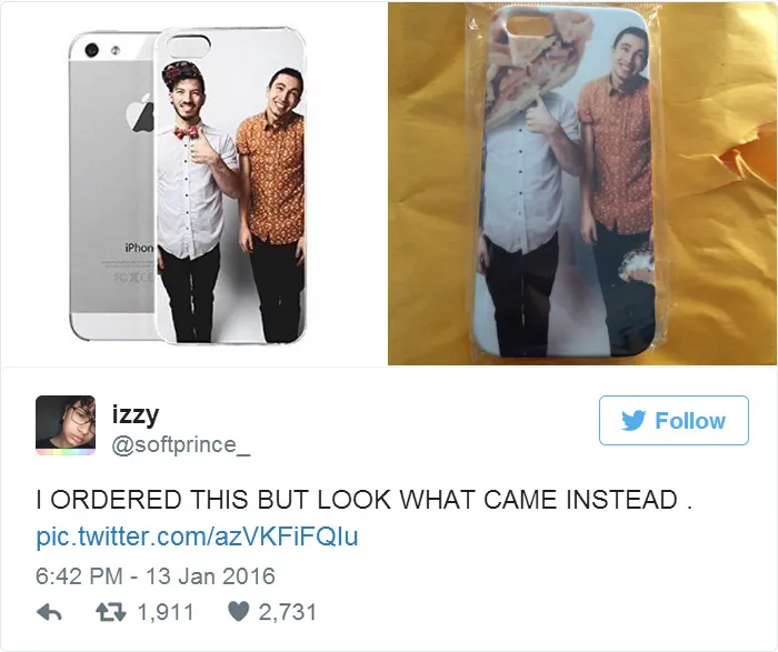 Online purchase regret: phone case with misaligned print showing people.