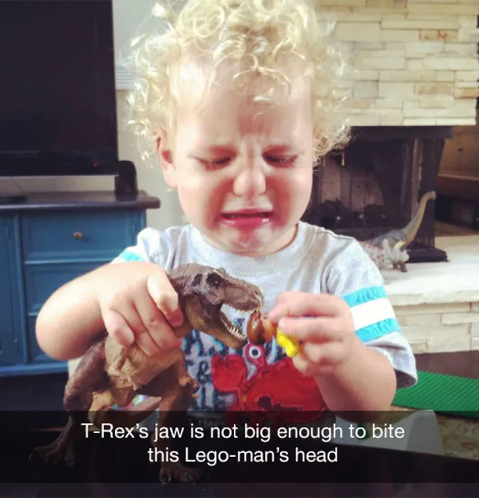 T-Rex’s jaw is not big enough to bite this Lego-man’s head