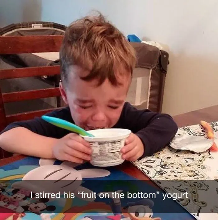 I stirred his "fruit on the bottom" yogurt