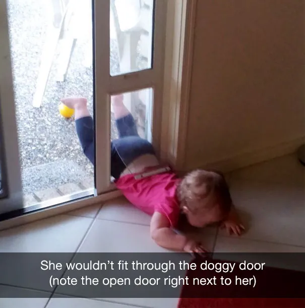 She wouldn’t fit through the doggy door (note the open door right next to her)