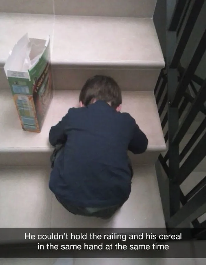 He could not hold the railing and his cereal in the same hand at the same time