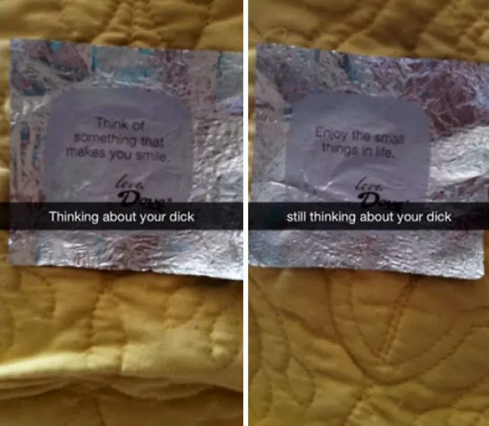 Two foil wrappers with funny Snapchat captions about smiling and small things, humorous Snapchats that shouldn't disappear.