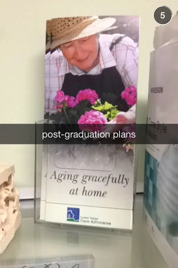 Elderly woman gardening, humorous Snapchat labeled "post-graduation plans" on a brochure.